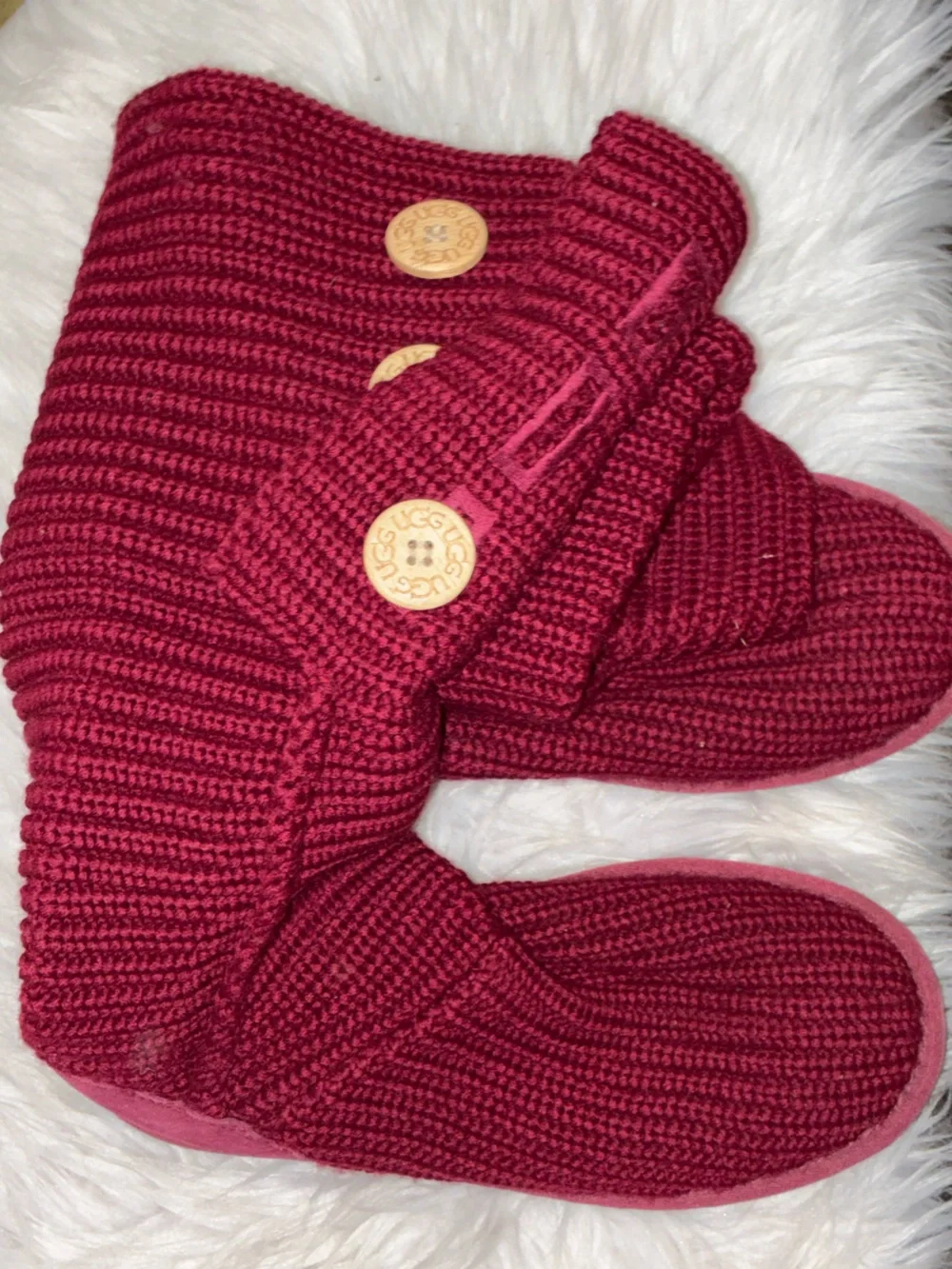 UGG Cardy Knit Boots Womens Burgundy Red Button Tall High Sz 8